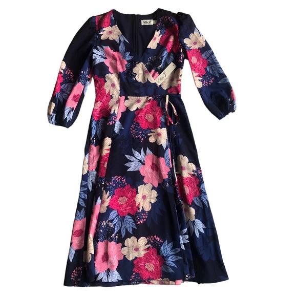 Eliza J Dress Navy Floral Faux Wrap Midi Size 4 Blue Pink Wedding NEW - Picture 1 of 11